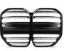 A pair of glossy, black car grilles with horizontal slats and circular elements on either side, displayed against a plain white background.