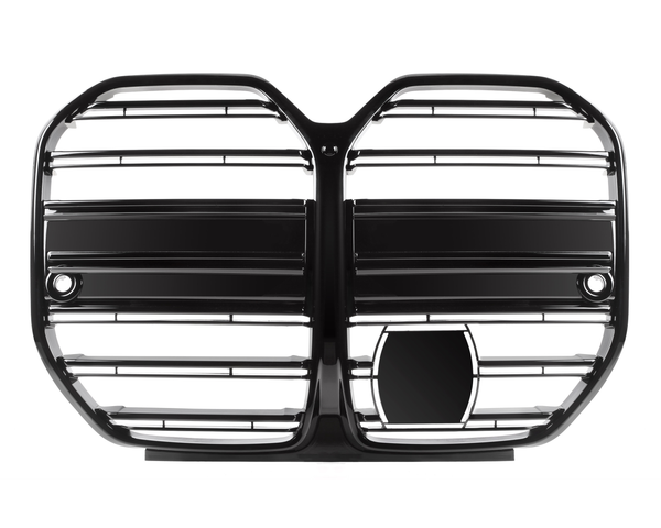 A black car grille with horizontal slats, prominently divided into two sections, is displayed against a white background, featuring circular mounting points on both sides.