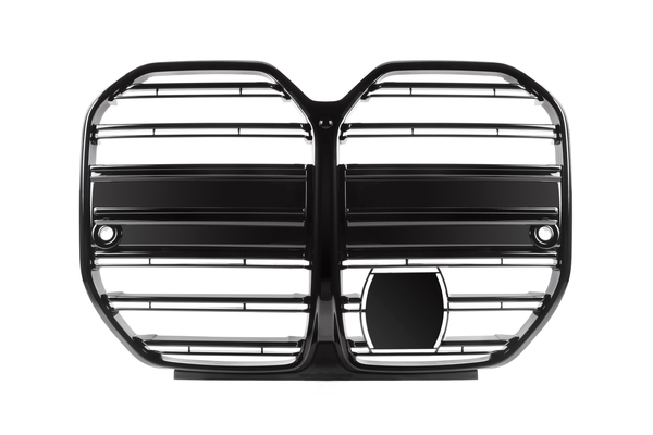 A black car grille with horizontal slats, prominently divided into two sections, is displayed against a white background, featuring circular mounting points on both sides.