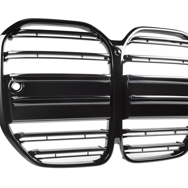 A black, double-sectioned vehicle grille with horizontal bars sits isolated against a white background, featuring a rounded rectangular shape and holes near the corners for mounting.