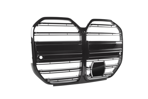 Black, double-sectioned car grille with horizontal slats, featuring circular and rectangular openings; it appears isolated against a white background.