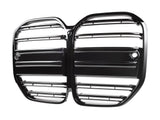 A glossy black car grille with horizontal bars and a central division, isolated against a white background. It features round mounting holes on each side.