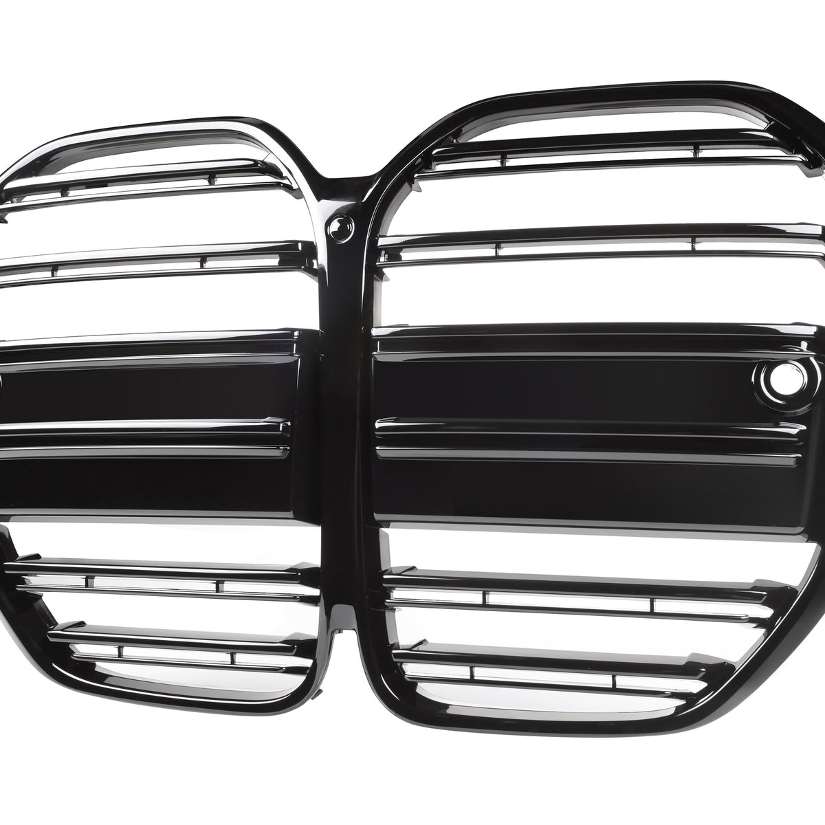 A glossy black car grille with horizontal bars and a central division, isolated against a white background. It features round mounting holes on each side.