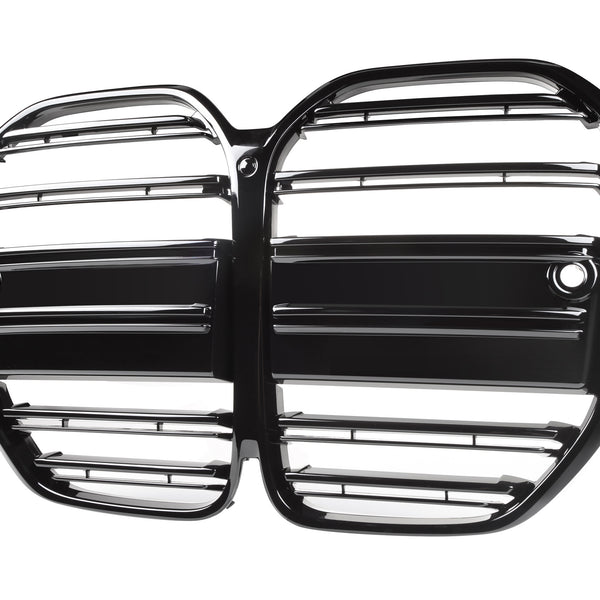 A glossy black car grille with horizontal bars and a central division, isolated against a white background. It features round mounting holes on each side.