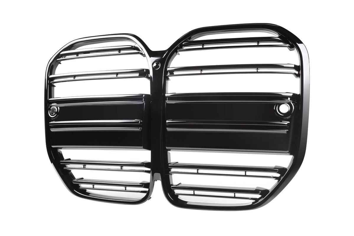 A glossy black car grille with horizontal bars and a central division, isolated against a white background. It features round mounting holes on each side.