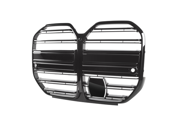 A black, dual-sectioned car grille with horizontal slats, featuring two circular openings, is isolated against a white background.