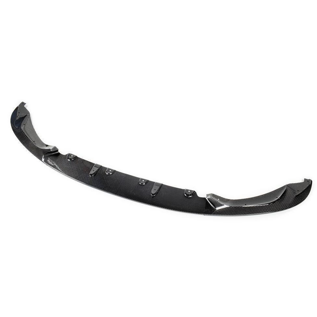 A curved, black carbon fiber car spoiler sits on a white background, featuring multiple mounting brackets, designed to enhance aerodynamic performance by redirecting airflow over the vehicle.
