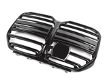 A glossy black automobile grille with horizontal slats, featuring two side-by-side sections and a central emblem space, is positioned against a plain white background.