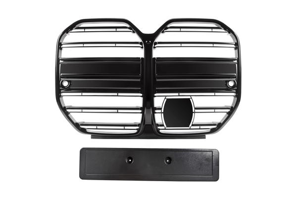 A black, horizontally-slatted car grille with an emblem space and a separate rectangular license plate holder are set against a plain white background.