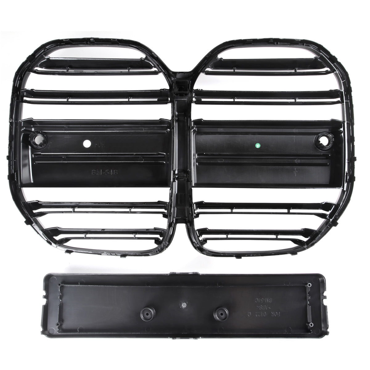 Black vehicle grill with horizontal slats and a rectangular mounting area below, set against a plain white background. Text reads “FK,” “BMW5,” and “FOR OE# 51117266199.”