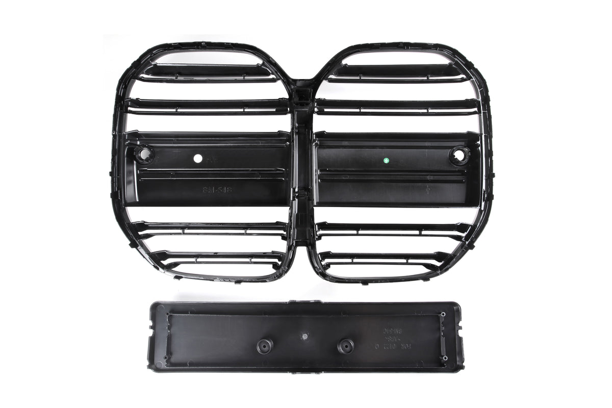 Black vehicle grill with horizontal slats and a rectangular mounting area below, set against a plain white background. Text reads “FK,” “BMW5,” and “FOR OE# 51117266199.”
