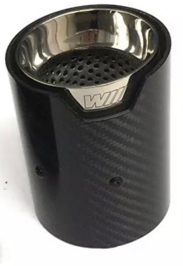 A cylindrical carbon-fiber exhaust tip showcases a polished metal interior, featuring perforated holes and "WII" branding. It's stationary against a plain white background, emphasizing its sleek, modern design.