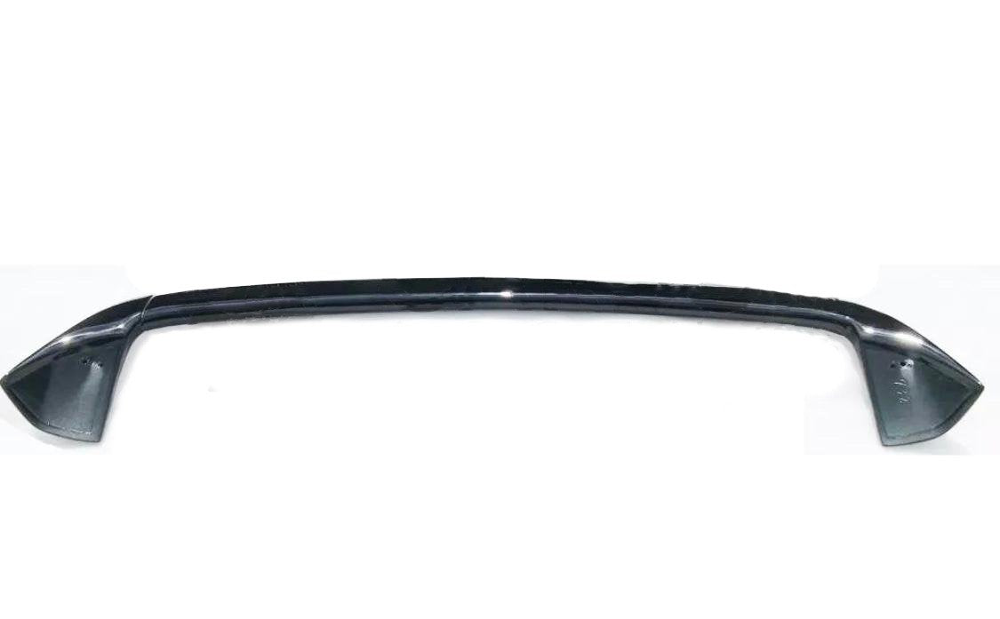 A black metallic car spoiler curves upward, flanked by two triangular end-pieces. It rests against a plain white background, casting faint shadows.