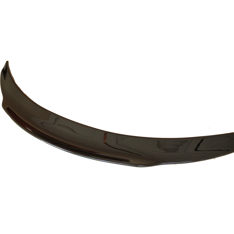 A glossy black car spoiler, curved and sleek, is isolated on a plain white background.