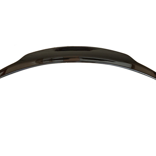 A sleek, curved car spoiler sits isolated on a white background, showcasing its glossy, aerodynamic design, suitable for enhancing a vehicle's performance and style.