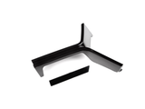A black, L-shaped bracket with sleek edges and a separate, rectangular piece is positioned on a plain white background.