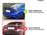 Blue BMW 330d parked on gravel driveway is correct fitment for BMW 3 Series G20 models (year 2019-2021). Gray BMW 320d is incorrect for BMW 3 Series F30 models (year 2012-2018).