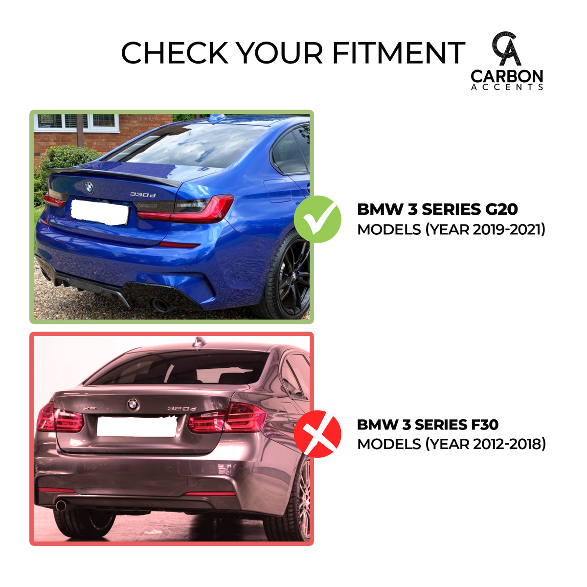 Blue BMW 330d parked on gravel driveway is correct fitment for BMW 3 Series G20 models (year 2019-2021). Gray BMW 320d is incorrect for BMW 3 Series F30 models (year 2012-2018).