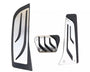 Three metallic vehicle pedal covers feature sleek black accents and grooves. They are designed for installation on an automobile's accelerator, brake, and clutch pedals, set against a plain white background.