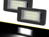 Two rectangular LED lights are featured, each within a black frame. The top section shows both lights unlit, while the bottom section displays one illuminated in a dark environment.