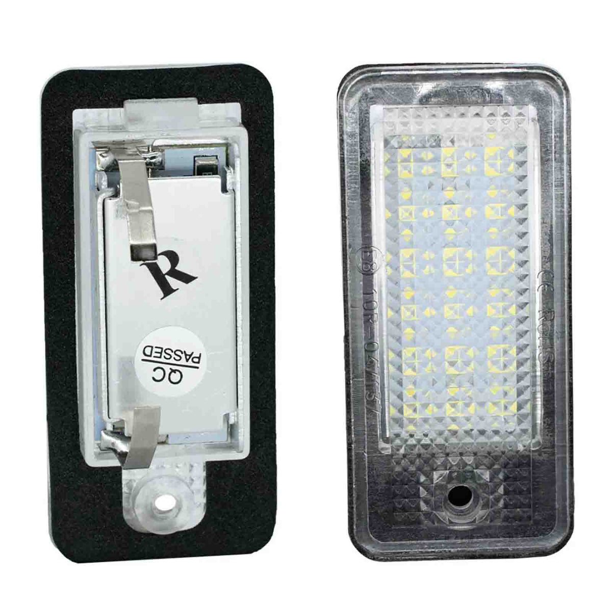 Two LED license plate lights; one shows the front with a grid of LED diodes under a clear cover, the other shows the back with a label marked "R" and "QC PASSED."