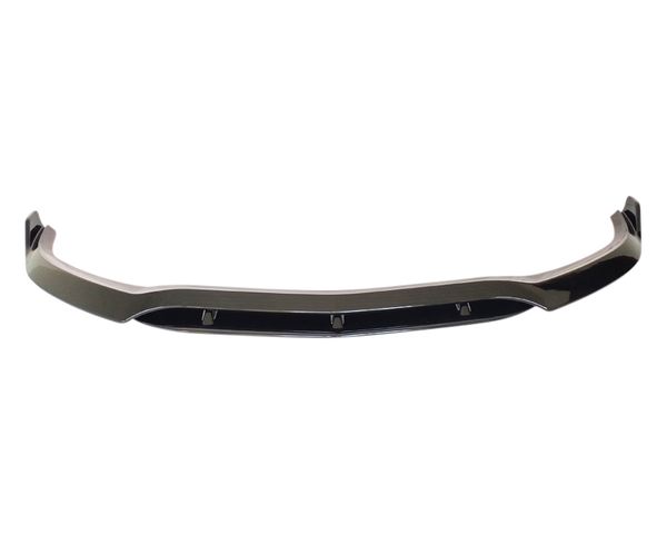 A sleek, black car bumper lip with a curved design and attachment points, set against a plain white background.
