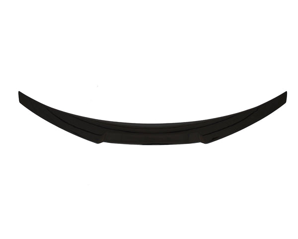 A curved, black car spoiler lies horizontally against a plain white background.
