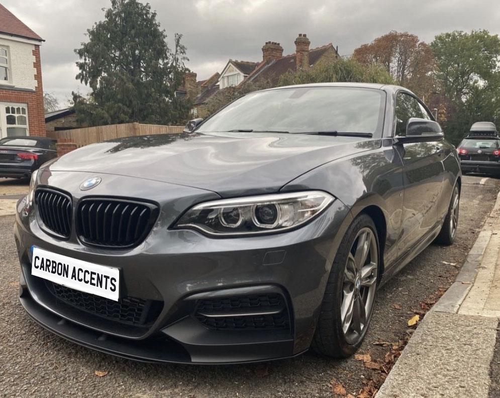 A dark gray BMW car is parked on a residential street. The license plate reads "CARBON ACCENTS." Brick houses and trees line the background under a cloudy sky.