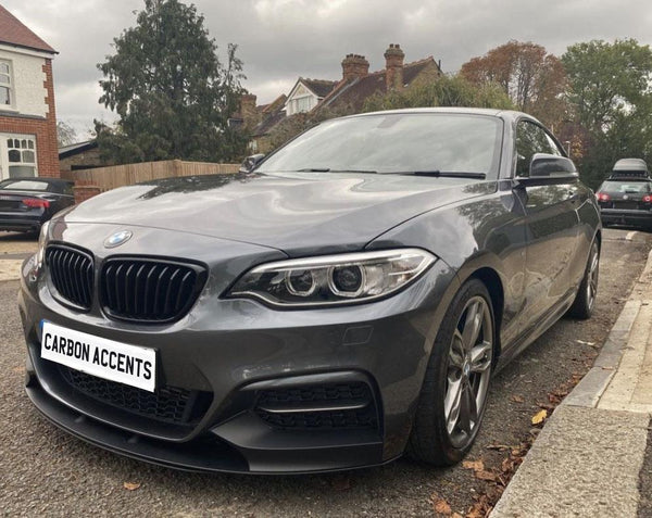 A dark gray BMW car is parked on a residential street. The license plate reads "CARBON ACCENTS." Brick houses and trees line the background under a cloudy sky.