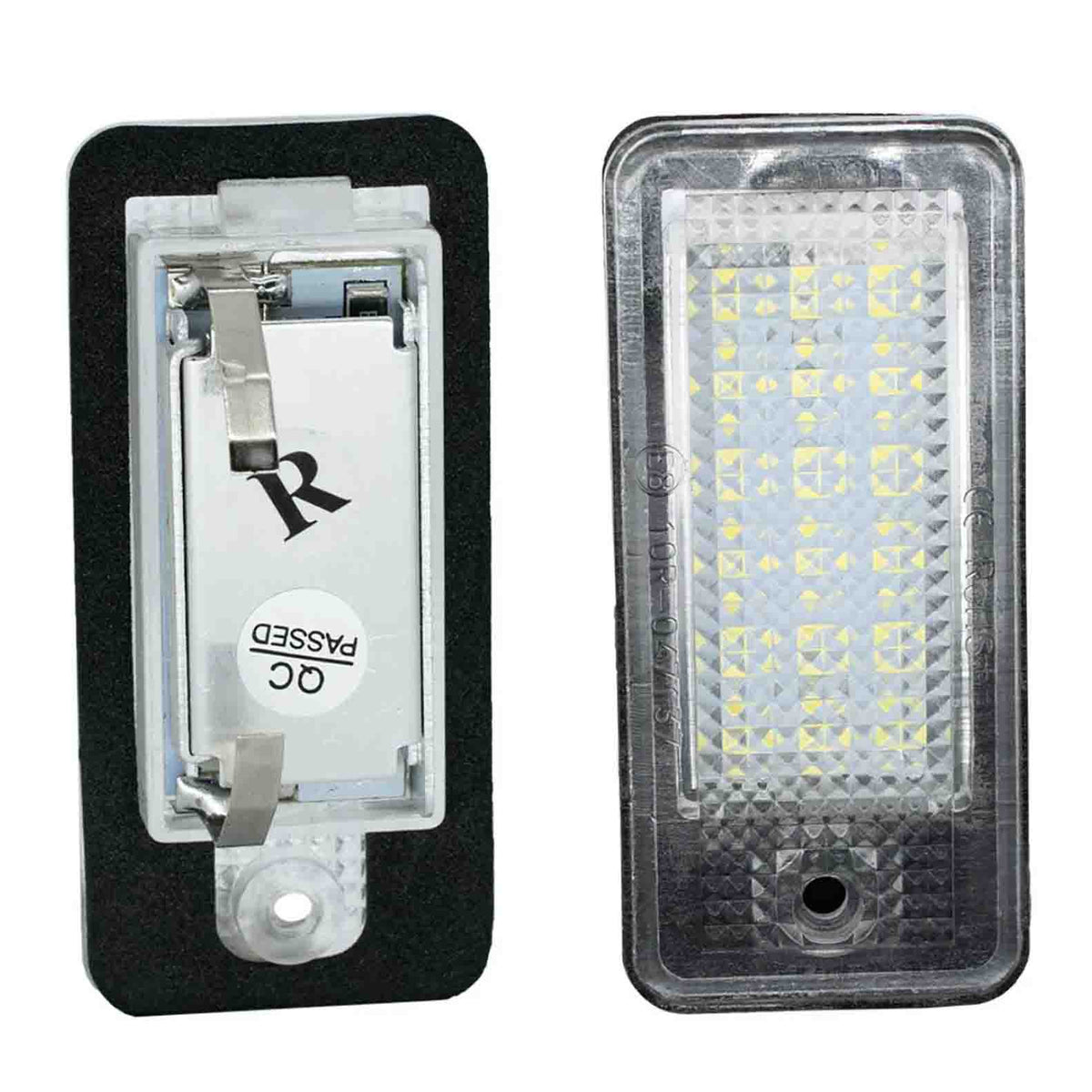 Rectangular LED vehicle light assembly features two parts: one with visible LED grid, the other with a metal connector and sticker labeled "QC PASSED." Both parts are encased in clear plastic.