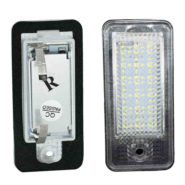 Two rectangular LED light modules are shown. One displays internal circuitry with "R" and "QC PASSED" stickers. The other showcases a grid of illuminated LED bulbs in a clear casing.