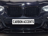 Car front grille with illuminated headlights; BMW logo above, and 