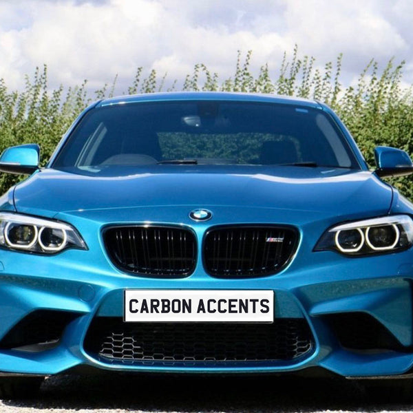 A blue sports car is parked on a gravel driveway, facing forward, with "CARBON ACCENTS" on the front license plate. Green hedges and a cloudy sky provide the backdrop.