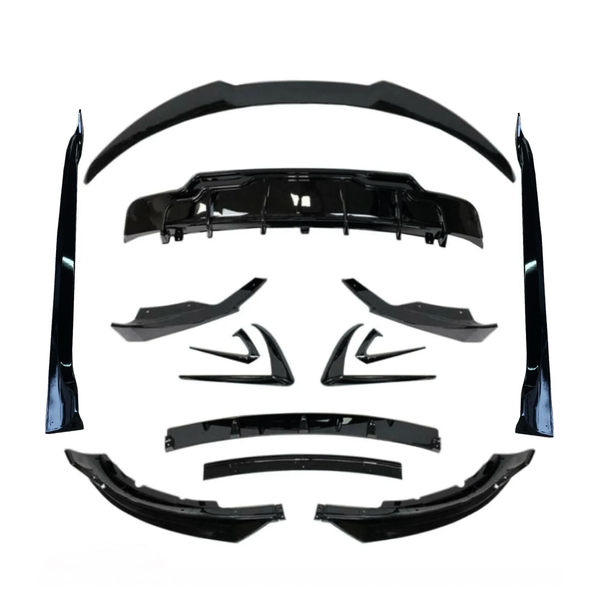 Various black car body kit components, including spoilers and diffusers, arranged symmetrically on a white background, showcasing their design and shape for automotive customization.
