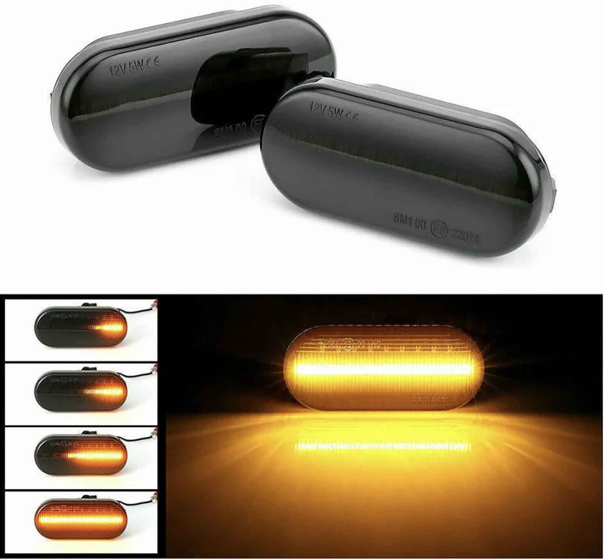 Two black oval LED lights are displayed. One glows with an orange light, demonstrating illumination. Text on them reads "12V 5W". Nearby images show different lighting stages.