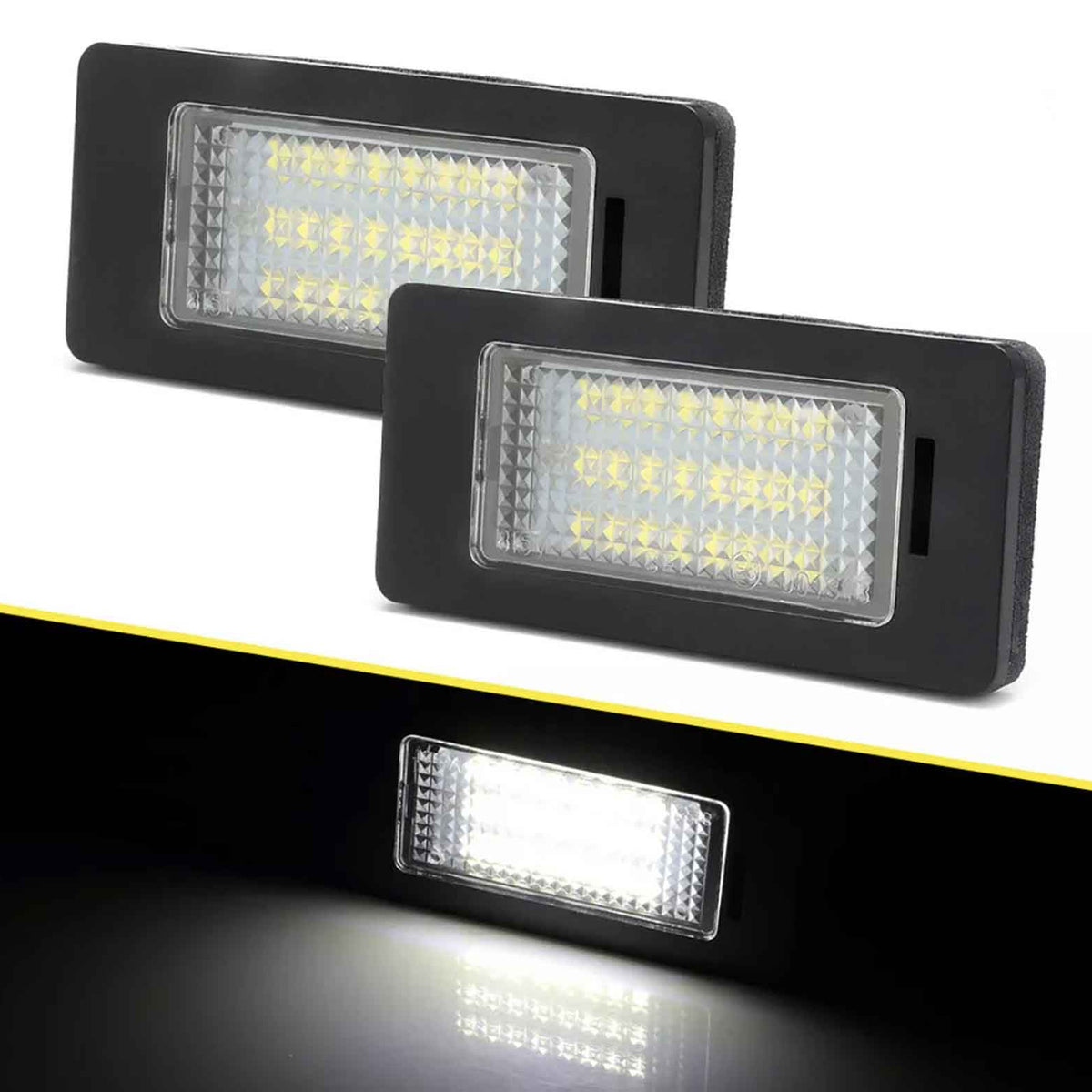 Rectangular LED lights emit bright white light within a dark environment; their black frames and textured surfaces reflect the glow, highlighting the dual units against the black background.