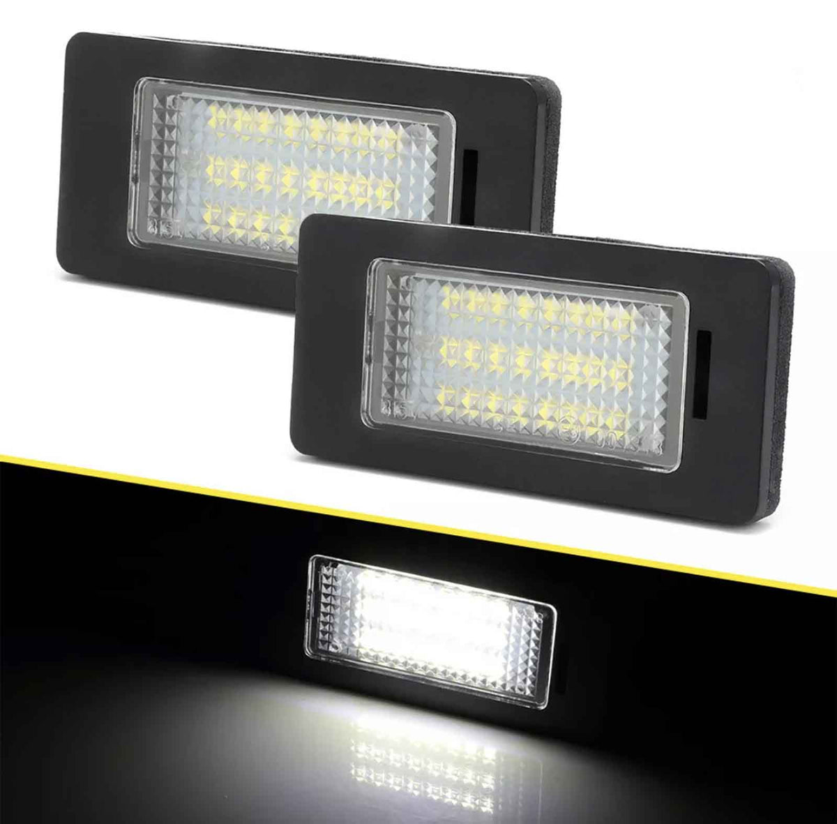 Rectangular LED lights emit bright white light within a dark environment; their black frames and textured surfaces reflect the glow, highlighting the dual units against the black background.