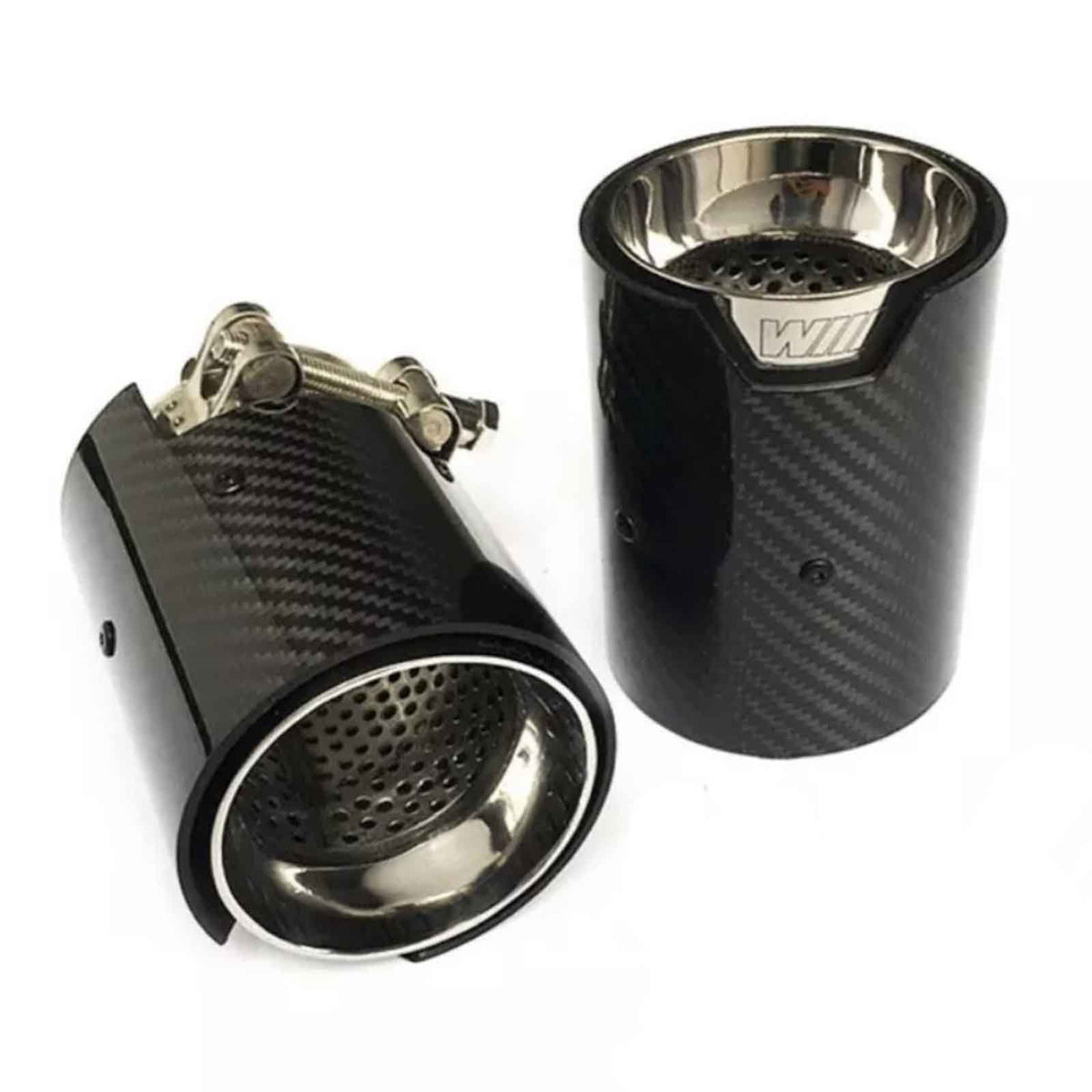 Two carbon fiber exhaust tips with a metallic interior, one upright, the other lying down showing adjustable clamps. Both feature a "W" insignia. Set against a plain white background.