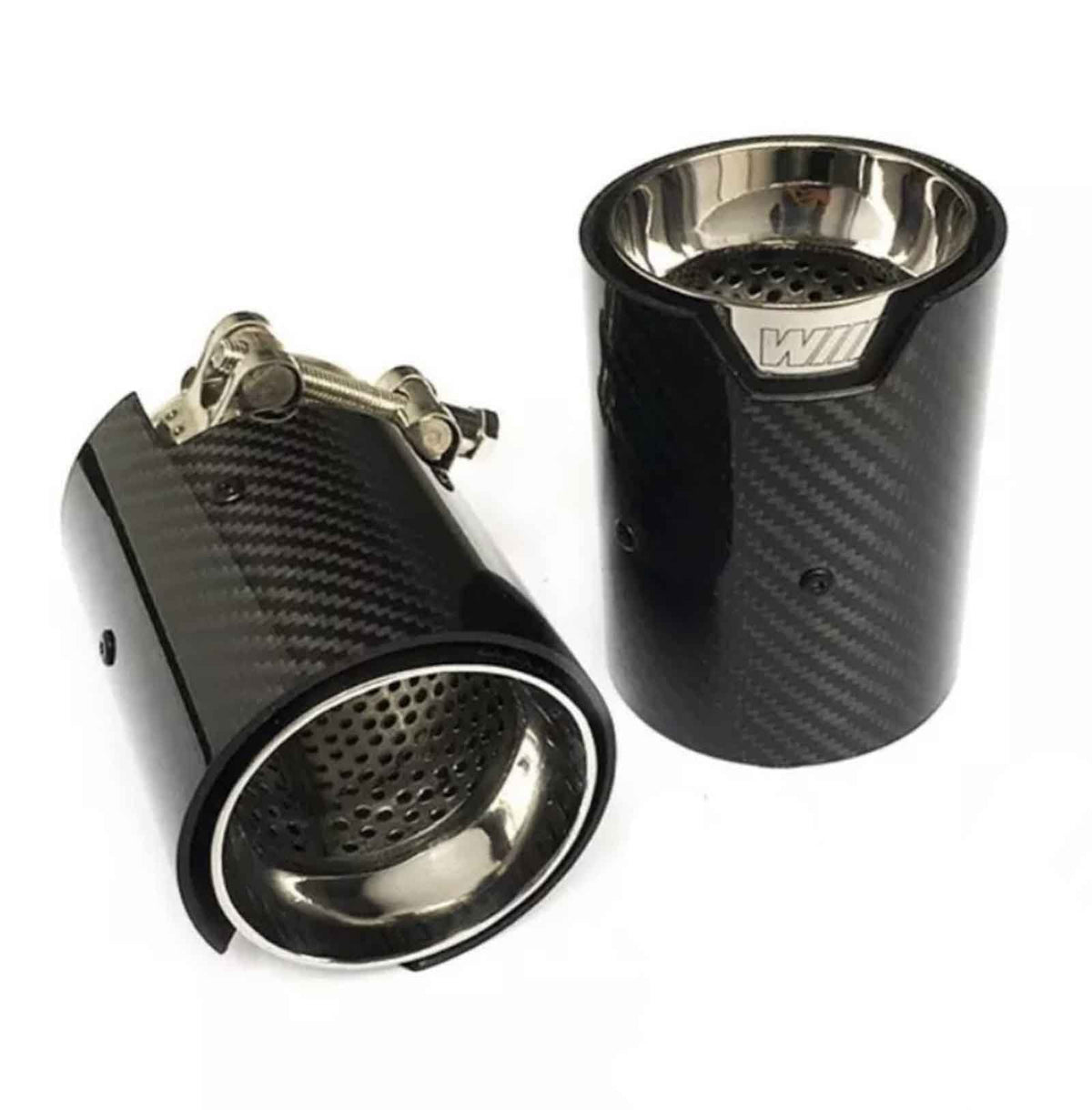 Two carbon fiber exhaust tips with a metallic interior, one upright, the other lying down showing adjustable clamps. Both feature a "W" insignia. Set against a plain white background.