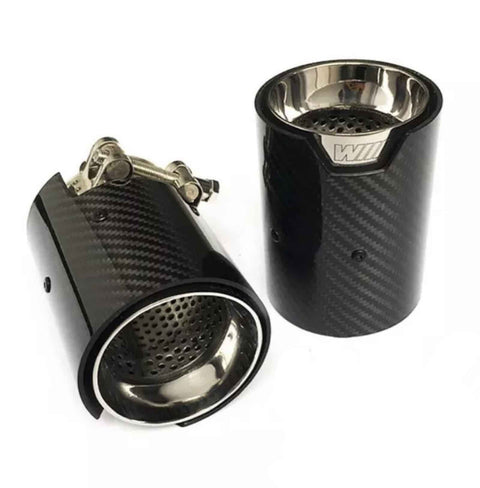 Two black carbon fiber exhaust tips with stainless steel interiors are shown, one upright and the other lying down, showcasing perforated metal inner linings and a logo marked "WII."