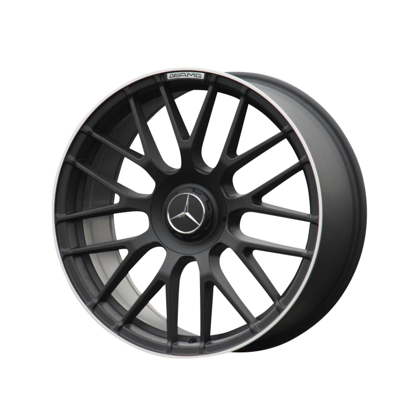 A black multi-spoke alloy wheel with the Mercedes-Benz logo at the center, featuring the text "AMG" on the rim, set against a plain white background.