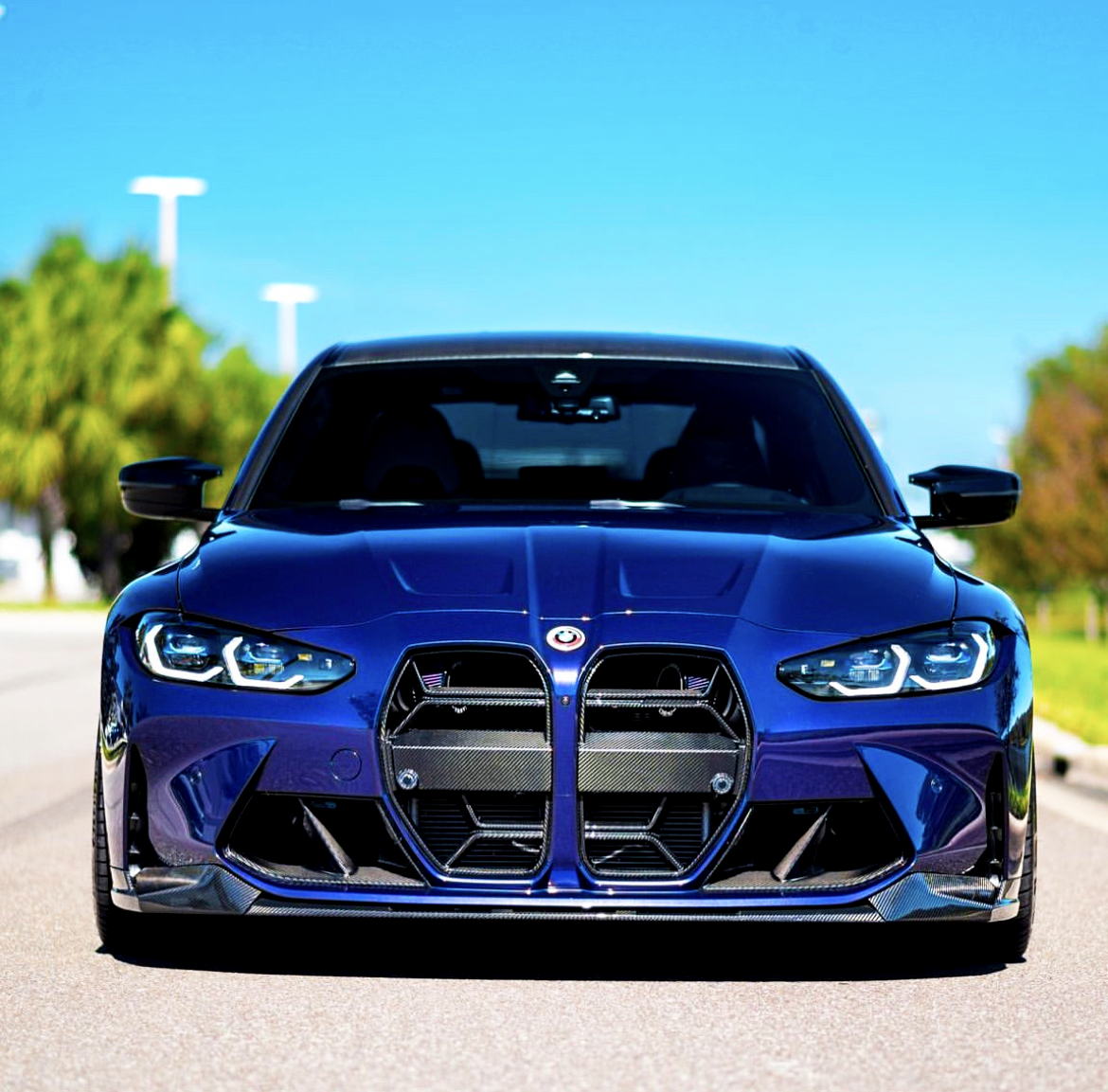 A blue sports car is parked on a road, showcasing its prominent front grille and sleek headlights, under a clear blue sky with blurred greenery in the background.