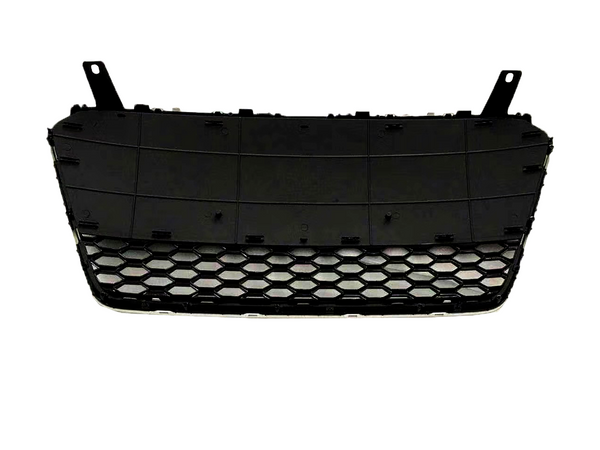 A black car grille with a honeycomb pattern, featuring two mounting tabs on the top, isolated against a white background.