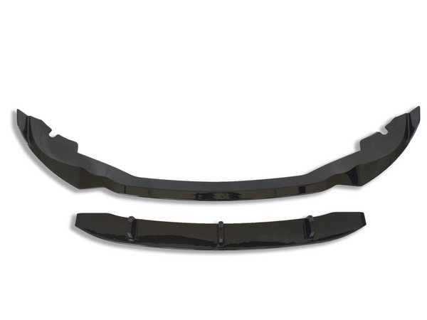 Two glossy black car spoilers sit parallel, with curved aerodynamic designs. The larger piece is above, and the smaller one below, on a plain white background.