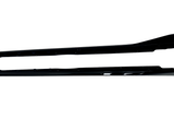 Two long, black vehicle side skirts are positioned horizontally on a white background, each displaying a sleek, aerodynamic design with smooth, glossy surfaces.