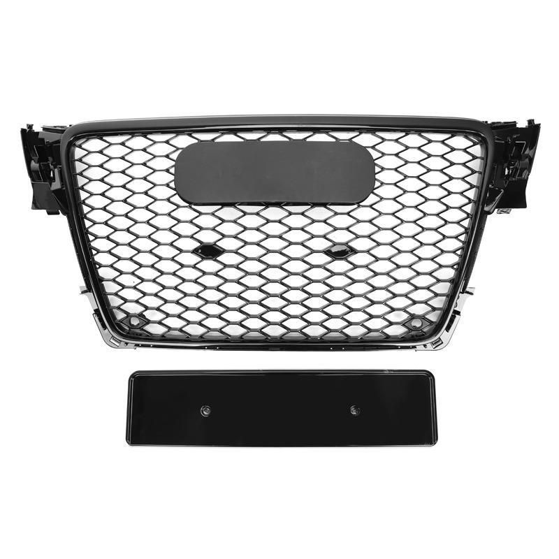 A black honeycomb-patterned car grille with a matte section at the top is positioned above a rectangular license plate holder, all against a plain white background.