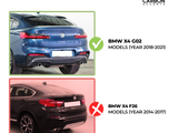Blue BMW X4 G02 and black BMW X4 F26 are shown from the rear. The blue car is checked with a green check mark, while the black car has a red X. Text: 
