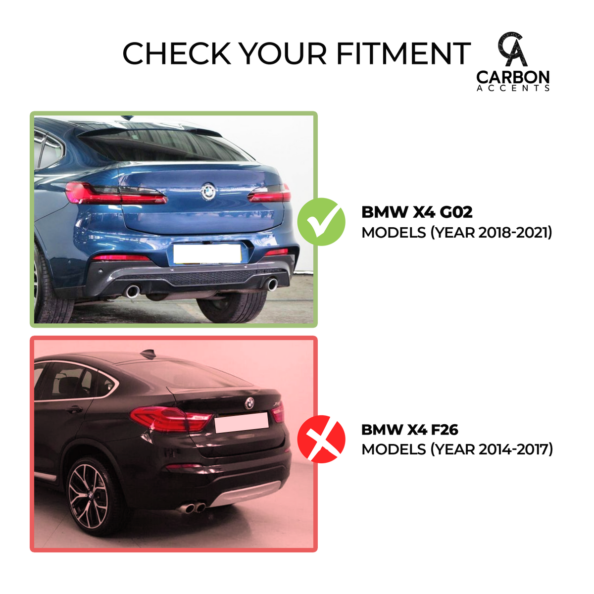 Blue BMW X4 G02 and black BMW X4 F26 are shown from the rear. The blue car is checked with a green check mark, while the black car has a red X. Text: "CHECK YOUR FITMENT BMW X4 G02 MODELS (YEAR 2018-2021) BMW X4 F26 MODELS (YEAR 2014-2017)."