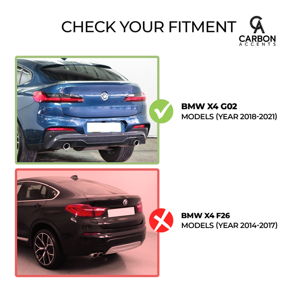 Blue BMW X4 G02 and black BMW X4 F26 are shown from the rear. The blue car is checked with a green check mark, while the black car has a red X. Text: "CHECK YOUR FITMENT BMW X4 G02 MODELS (YEAR 2018-2021) BMW X4 F26 MODELS (YEAR 2014-2017)."