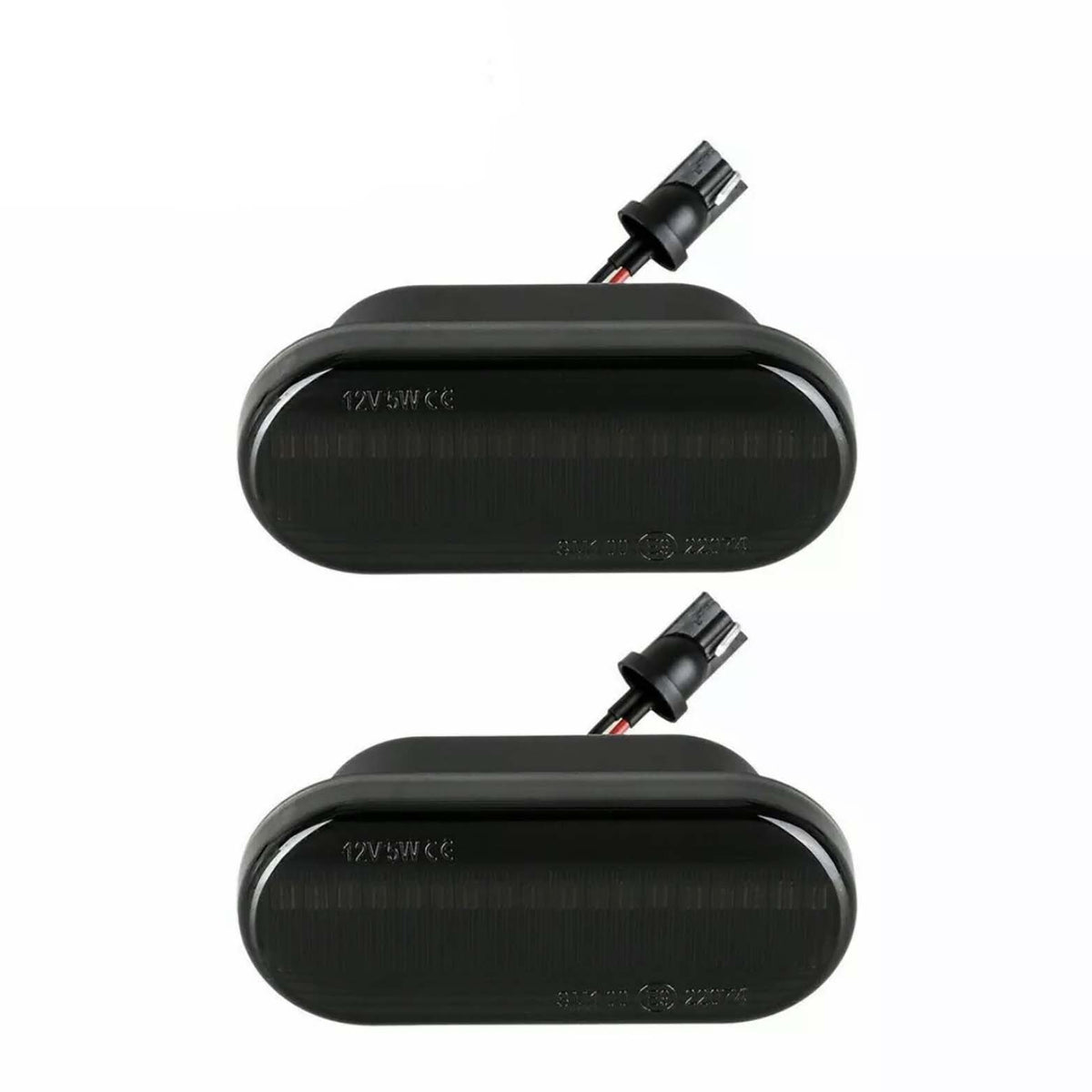Two black rectangular automotive lights with connectors attached, displayed on a plain white background. Text on lights reads "12V 5W CE".